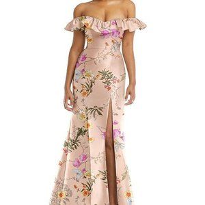 Alfred Sung Pink Sand Off-the-Shoulder Ruffle Neck Floral Satin Gown